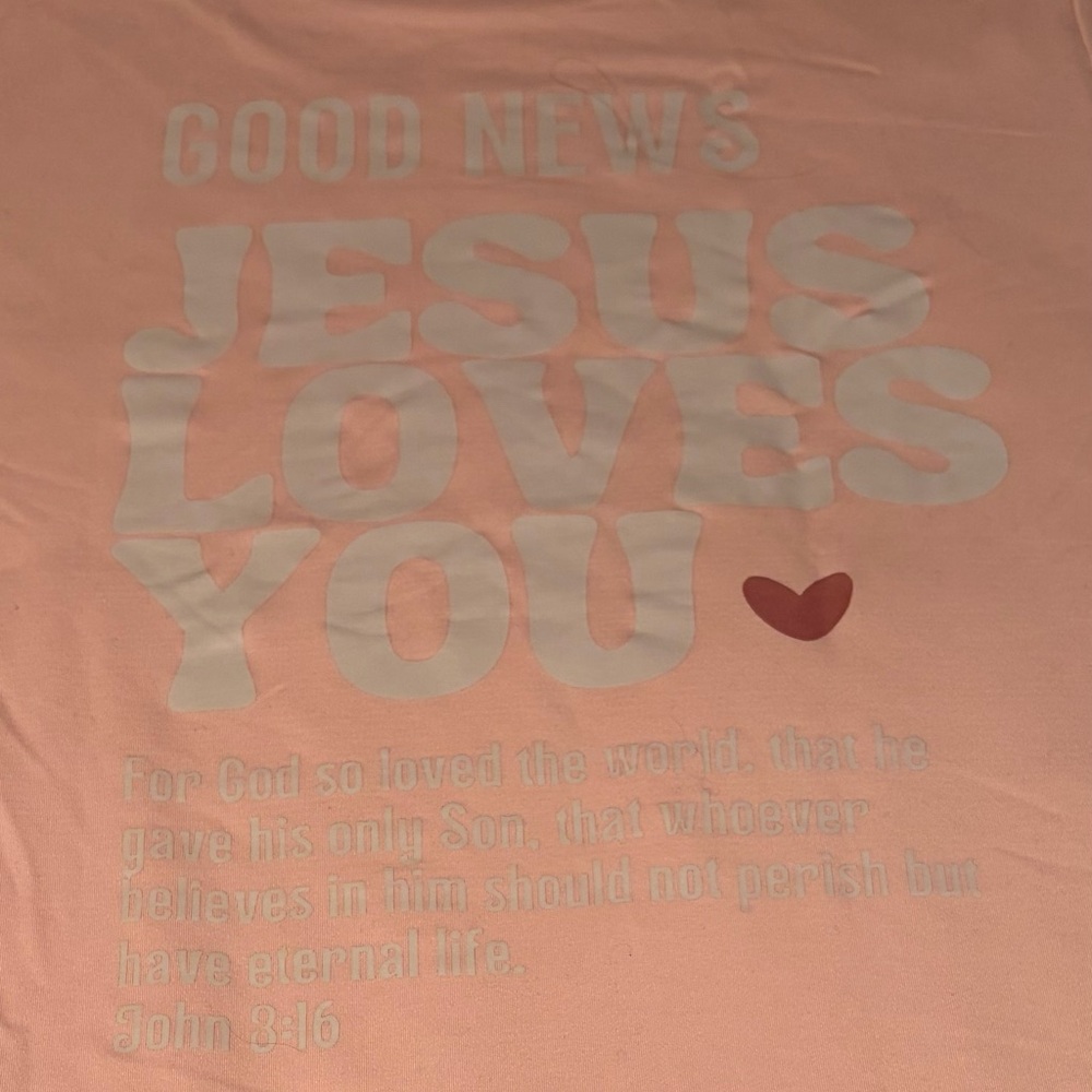 New Graphic Design Muted Good News Religious Woman’s Soft Pink Shirt Medium